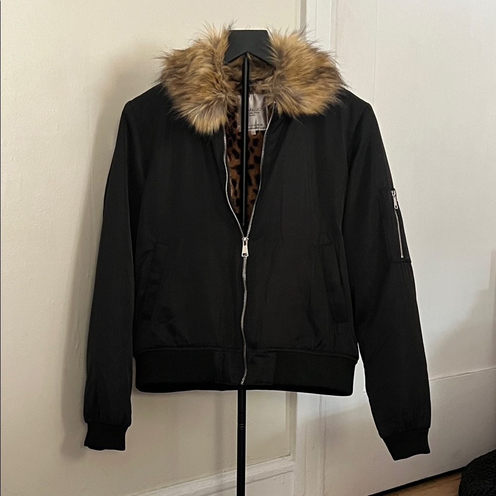 Zara Bomber Jacket with Leopard Print Lining and removable fur collar